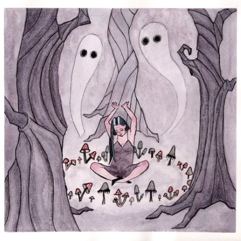 A spooky cute watercolor painting of a young woman raising ghosts.