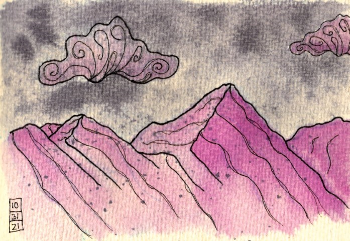 A sketch of mountains on rough cotton paper.