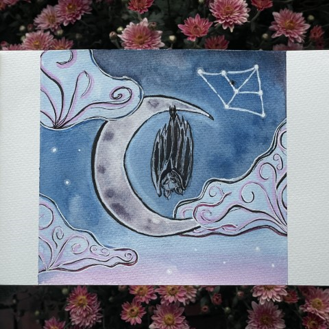 A watercolor painting of a sleeping bat, hanging from a crescent moon.